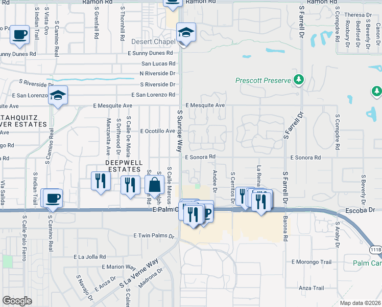 map of restaurants, bars, coffee shops, grocery stores, and more near 1754 East Sonora Road in Palm Springs