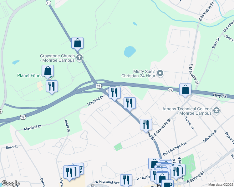 map of restaurants, bars, coffee shops, grocery stores, and more near 109 Morrow Street in Monroe