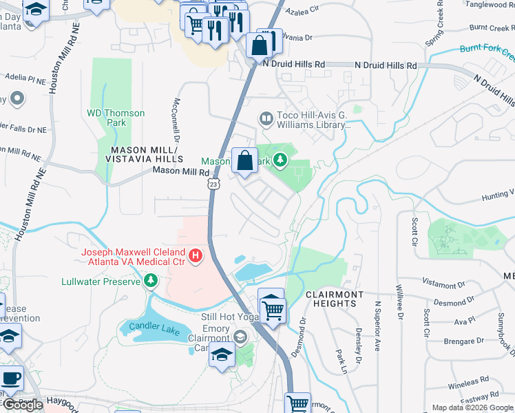 map of restaurants, bars, coffee shops, grocery stores, and more near 1999 Mason Mill Road in Decatur