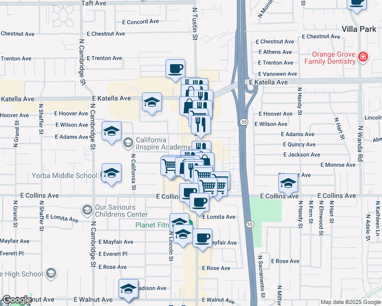map of restaurants, bars, coffee shops, grocery stores, and more near in Orange
