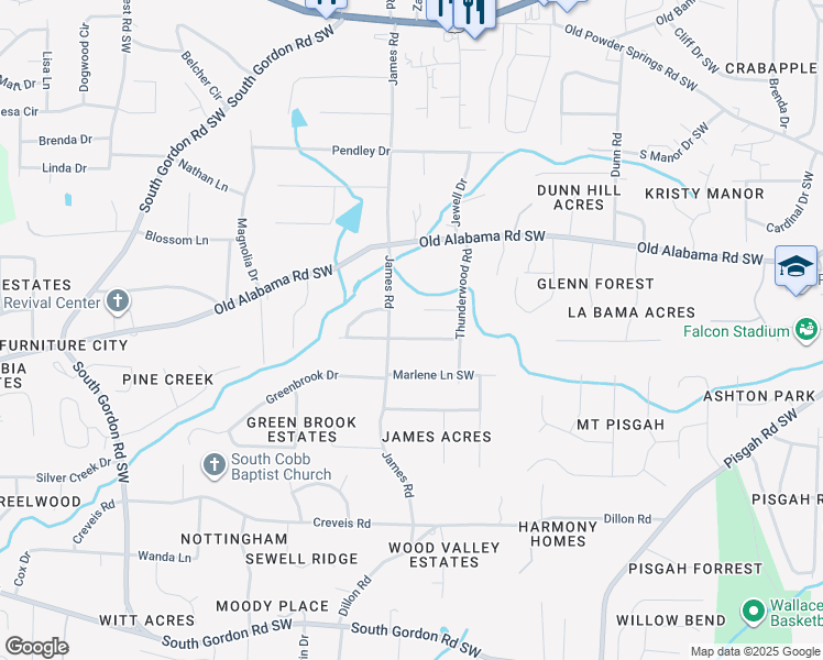 map of restaurants, bars, coffee shops, grocery stores, and more near 1466 Thunderwood Lane Southwest in Mableton