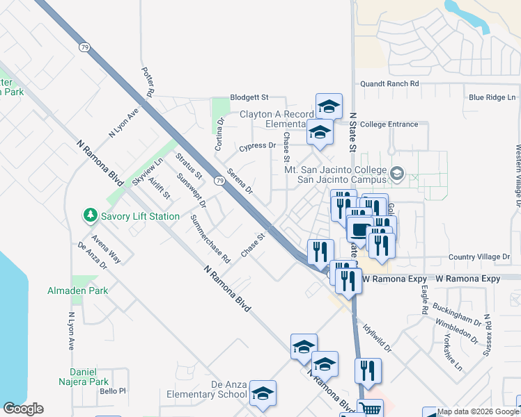 map of restaurants, bars, coffee shops, grocery stores, and more near 1402 Calle San Sebastian in San Jacinto