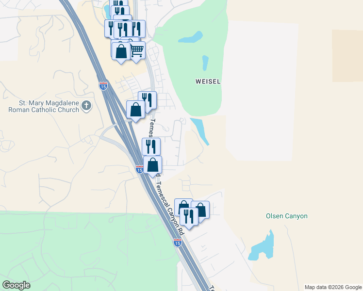map of restaurants, bars, coffee shops, grocery stores, and more near 21650 Temescal Canyon Road in Corona