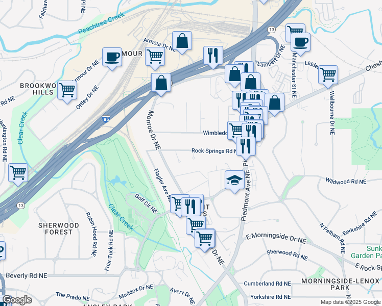 map of restaurants, bars, coffee shops, grocery stores, and more near 1850 Rock Springs Lane in Atlanta