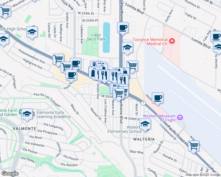 map of restaurants, bars, coffee shops, grocery stores, and more near 3810 California 1 in Torrance