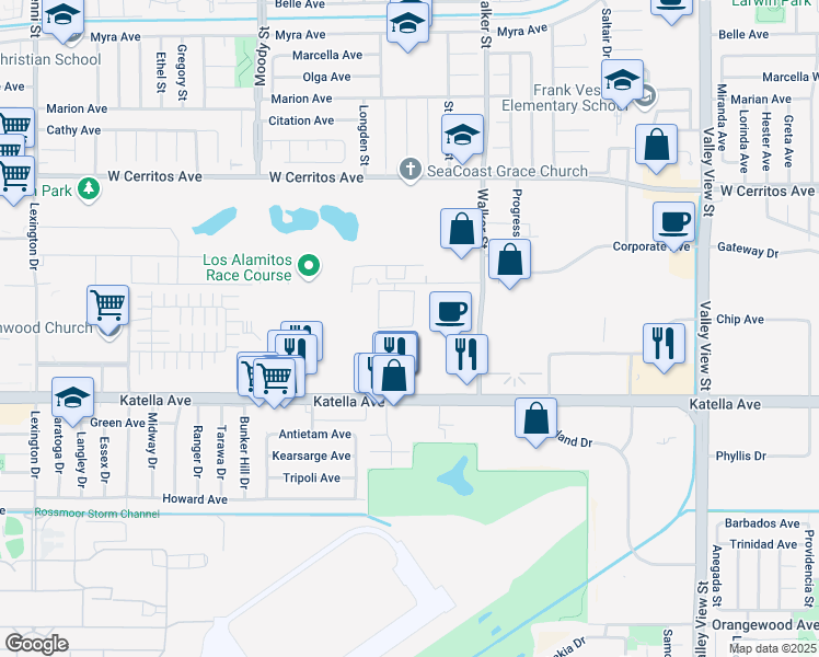 map of restaurants, bars, coffee shops, grocery stores, and more near Derby Lane in Cypress