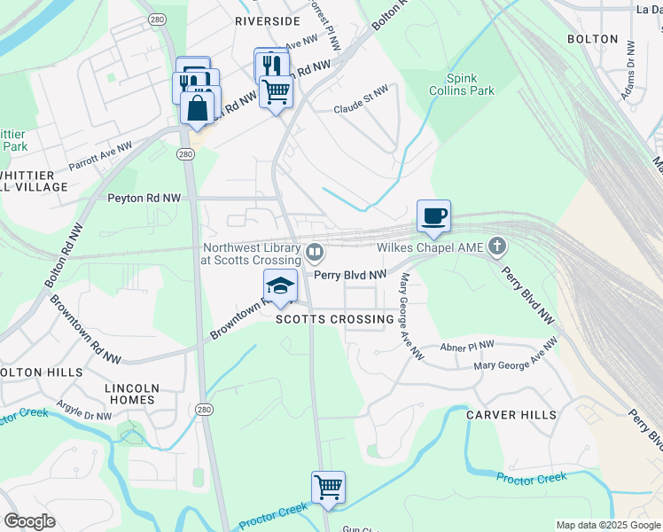 map of restaurants, bars, coffee shops, grocery stores, and more near 2487 Perry Boulevard Northwest in Atlanta