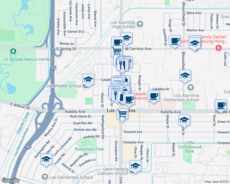 map of restaurants, bars, coffee shops, grocery stores, and more near 10834 Chestnut Street in Los Alamitos
