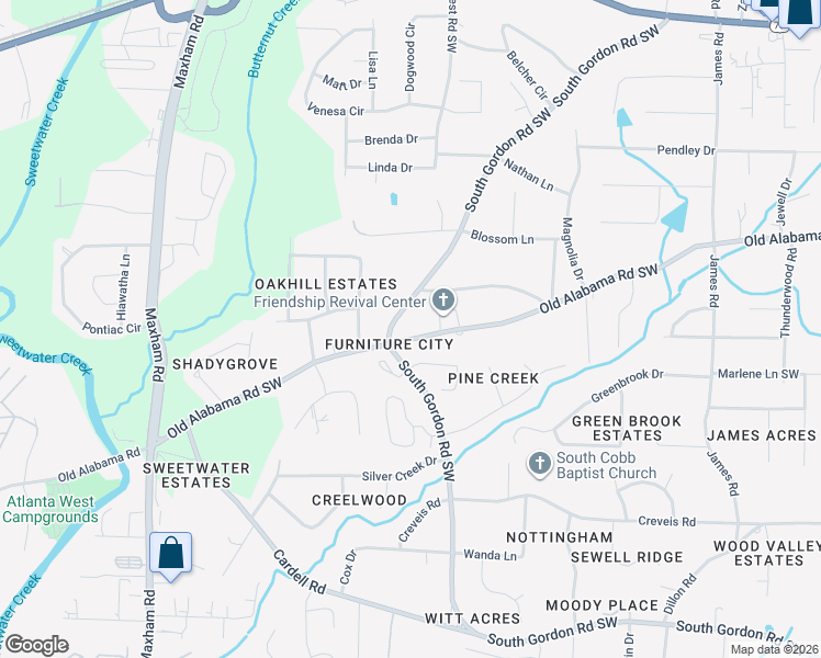 map of restaurants, bars, coffee shops, grocery stores, and more near 6121 South Gordon Road Southwest in Austell