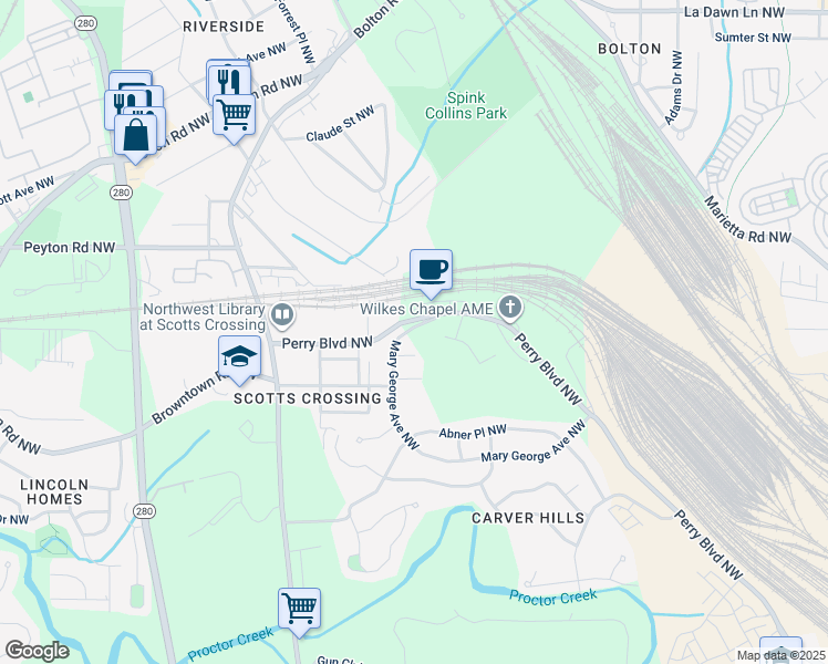 map of restaurants, bars, coffee shops, grocery stores, and more near 1823 Mary George Avenue Northwest in Atlanta