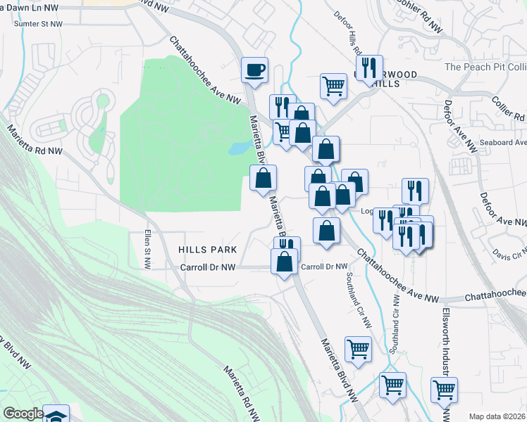 map of restaurants, bars, coffee shops, grocery stores, and more near 1840 Marietta Boulevard Northwest in Atlanta