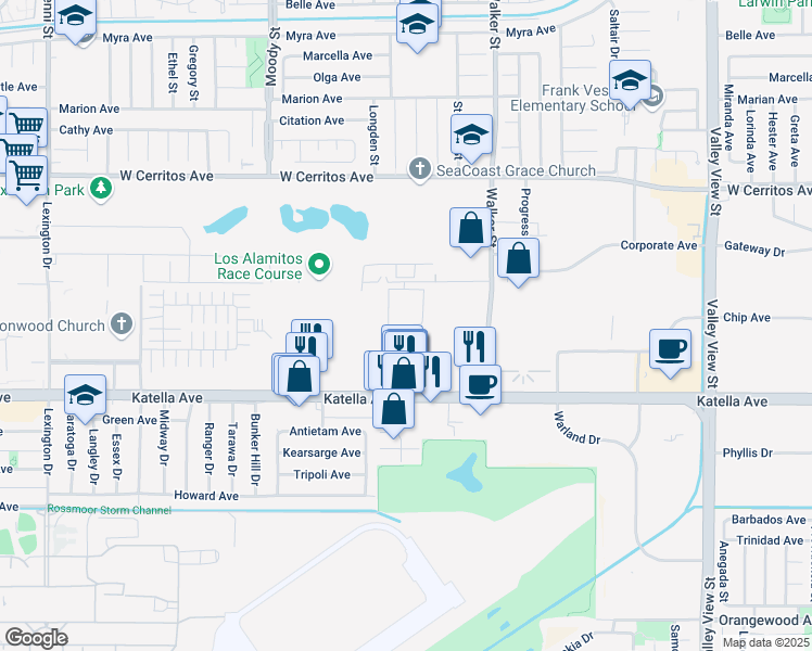 map of restaurants, bars, coffee shops, grocery stores, and more near Derby Lane in Cypress