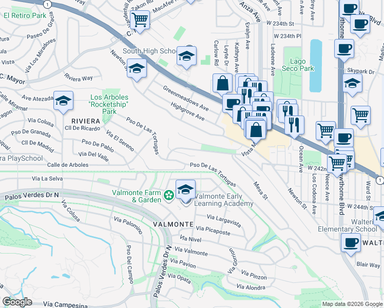 map of restaurants, bars, coffee shops, grocery stores, and more near 4511 Vía Corona in Torrance