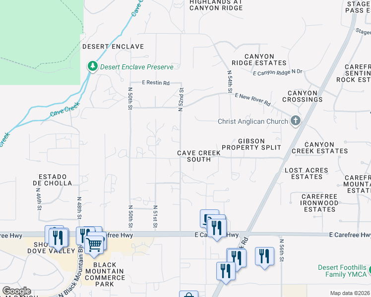 map of restaurants, bars, coffee shops, grocery stores, and more near 35000 North 52nd Place in Cave Creek