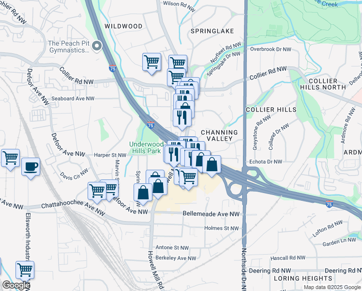 map of restaurants, bars, coffee shops, grocery stores, and more near 46114 Howell Mill Road Northwest in Atlanta