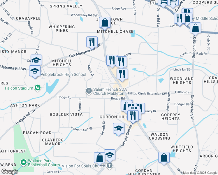 map of restaurants, bars, coffee shops, grocery stores, and more near 6096 Lynne Circle Southwest in Mableton