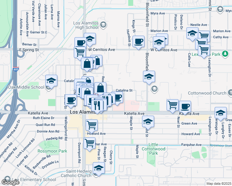 map of restaurants, bars, coffee shops, grocery stores, and more near 10823 Cherry Street in Los Alamitos