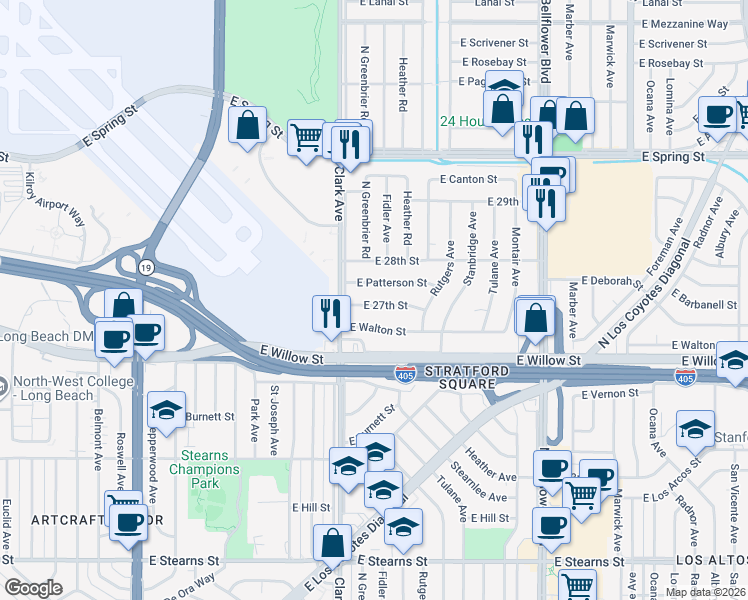 map of restaurants, bars, coffee shops, grocery stores, and more near 5161 East 27th Street in Long Beach