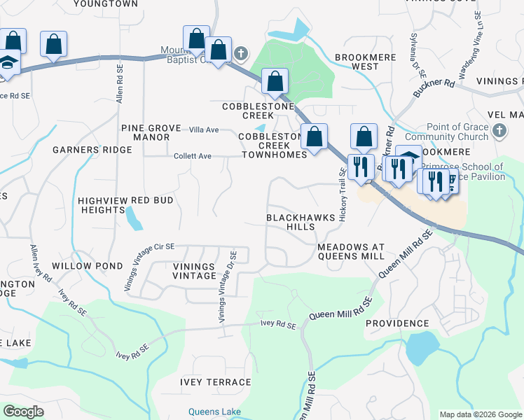 map of restaurants, bars, coffee shops, grocery stores, and more near 6046 Blackhawk Trail Southeast in Mableton
