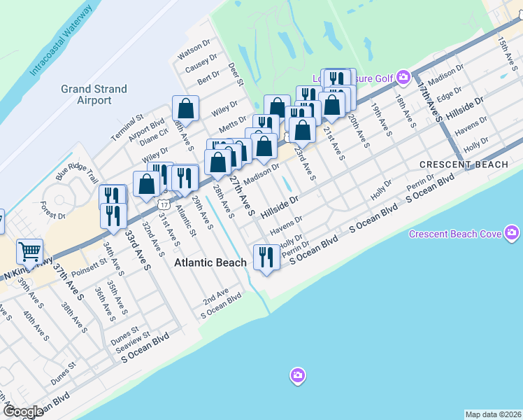 map of restaurants, bars, coffee shops, grocery stores, and more near 608 27th Avenue South in North Myrtle Beach