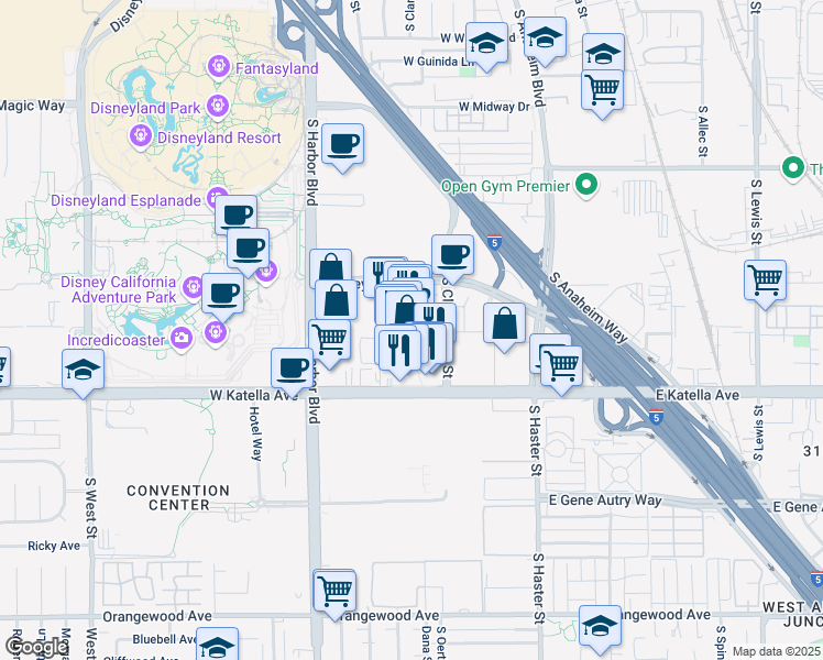map of restaurants, bars, coffee shops, grocery stores, and more near 401 West Katella Avenue in Anaheim