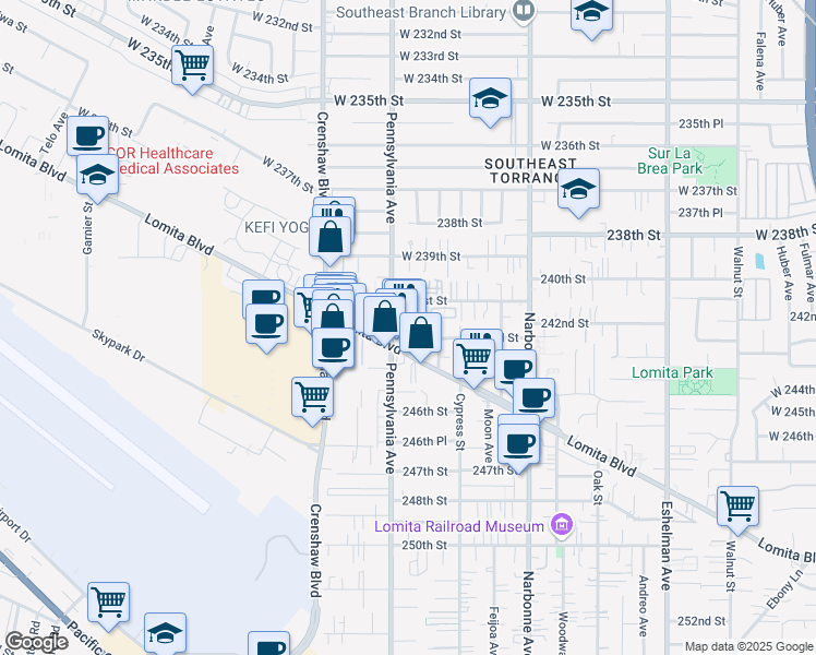map of restaurants, bars, coffee shops, grocery stores, and more near 2387 Lomita Boulevard in Lomita
