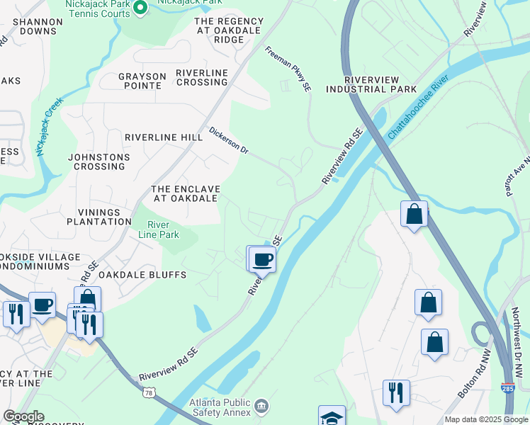 map of restaurants, bars, coffee shops, grocery stores, and more near 1540 Purple Coneflower Avenue Southeast in Mableton