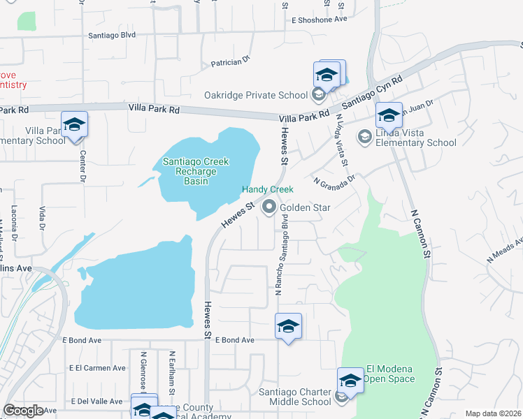 map of restaurants, bars, coffee shops, grocery stores, and more near 1075 North Antonio Circle in Orange