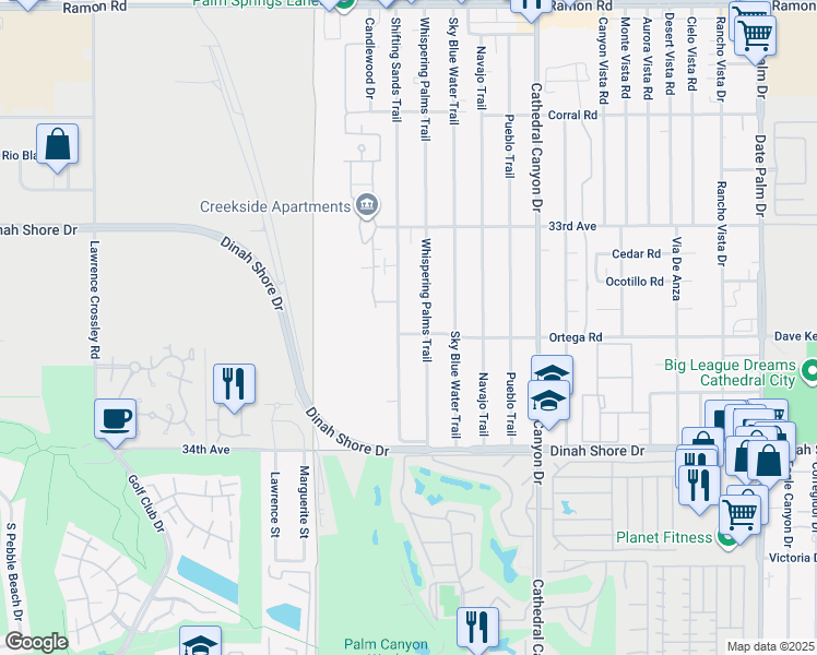 map of restaurants, bars, coffee shops, grocery stores, and more near 33450 Shifting Sands Trail in Cathedral City