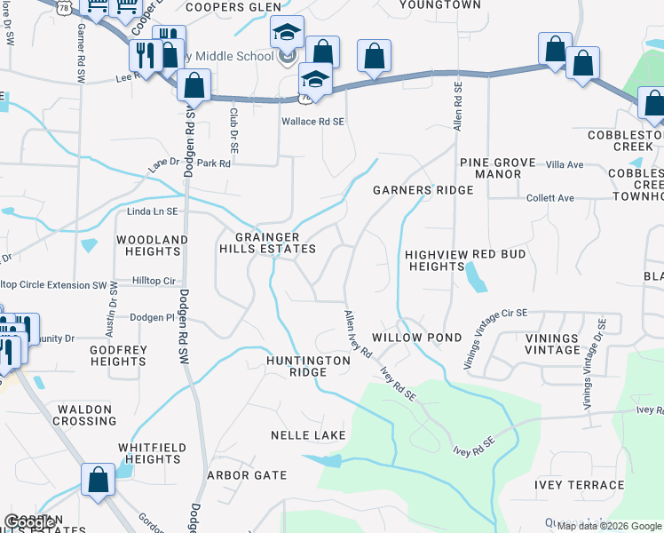 map of restaurants, bars, coffee shops, grocery stores, and more near 6059 Heritage Way Southeast in Mableton