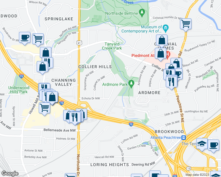 map of restaurants, bars, coffee shops, grocery stores, and more near 1842 Walthall Drive Northwest in Atlanta