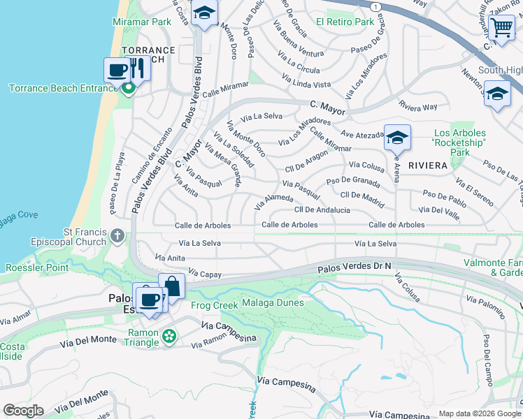 map of restaurants, bars, coffee shops, grocery stores, and more near 120 Vía Alameda in Redondo Beach