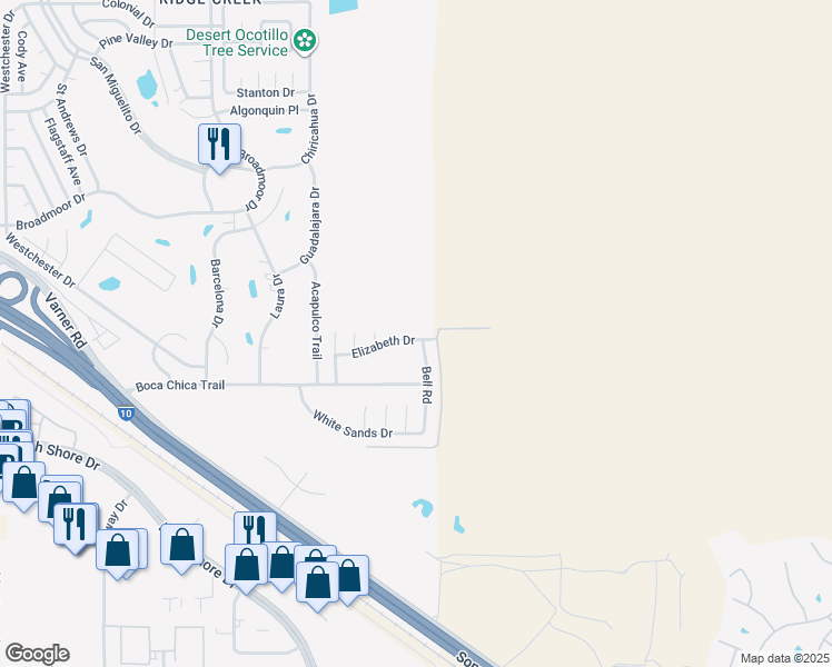 map of restaurants, bars, coffee shops, grocery stores, and more near 73944 Elizabeth Drive in Thousand Palms