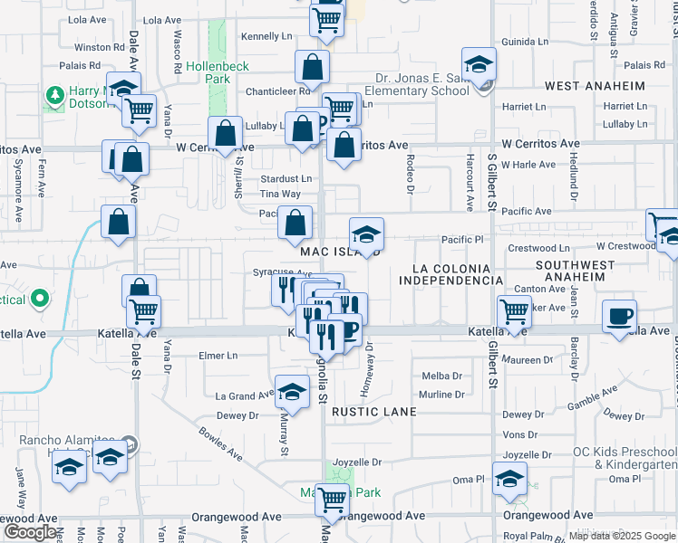 map of restaurants, bars, coffee shops, grocery stores, and more near 9006 Stacie Lane in Anaheim