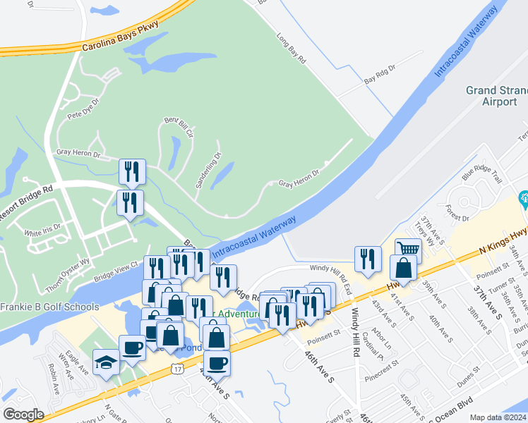 map of restaurants, bars, coffee shops, grocery stores, and more near 4206 Gray Heron Drive in North Myrtle Beach