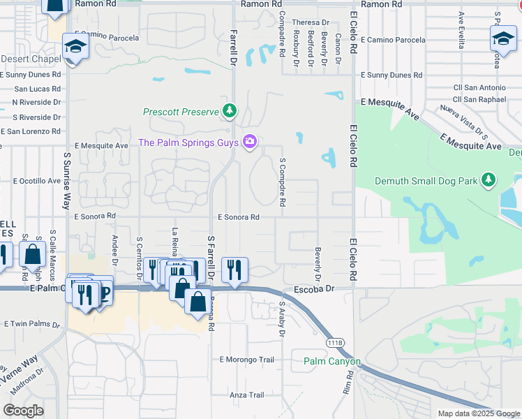 map of restaurants, bars, coffee shops, grocery stores, and more near 2701 East Mesquite Avenue in Palm Springs