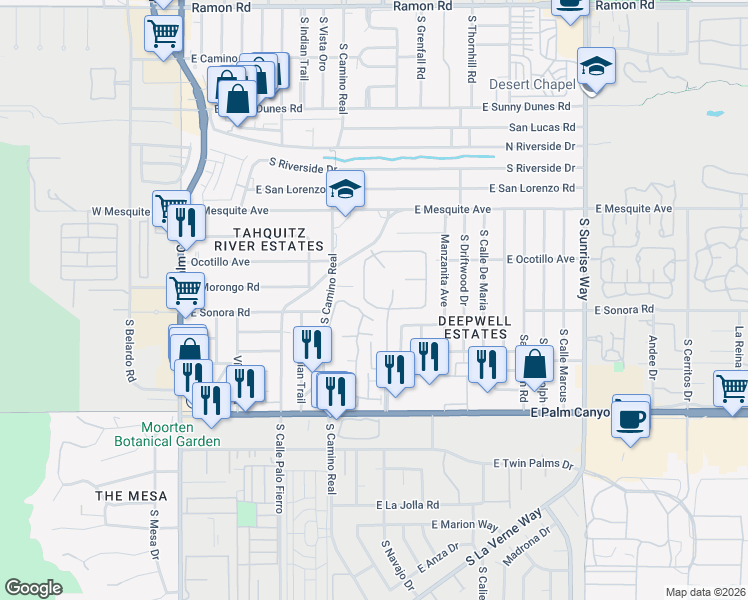 map of restaurants, bars, coffee shops, grocery stores, and more near 1356 Primavera Drive North in Palm Springs