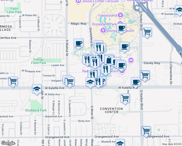 map of restaurants, bars, coffee shops, grocery stores, and more near 1721 S West St in Anaheim