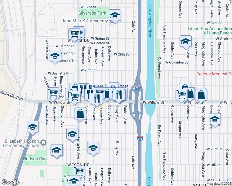 map of restaurants, bars, coffee shops, grocery stores, and more near 2651 Easy Avenue in Long Beach