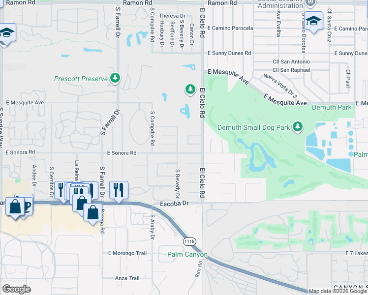 map of restaurants, bars, coffee shops, grocery stores, and more near 1356 South Beverly Drive in Palm Springs