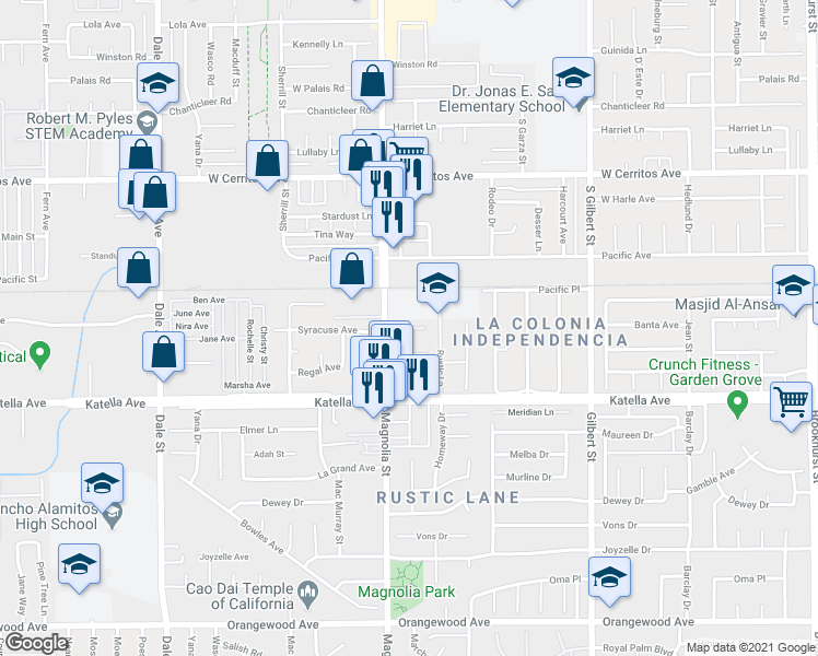map of restaurants, bars, coffee shops, grocery stores, and more near 9067 Stacie Lane in Anaheim