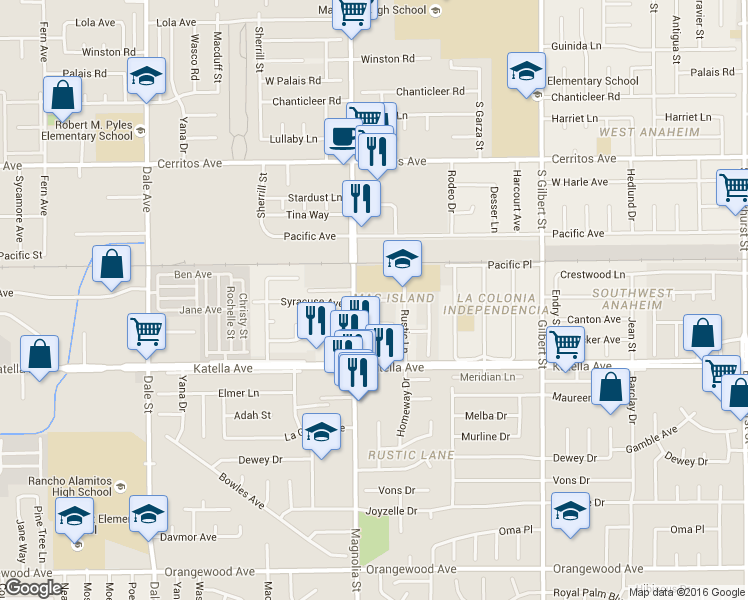 map of restaurants, bars, coffee shops, grocery stores, and more near 9067 Stacie Lane in Anaheim