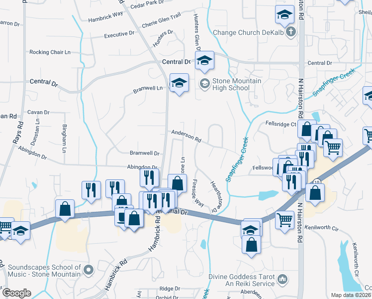 map of restaurants, bars, coffee shops, grocery stores, and more near 4675 Stone Lane in Stone Mountain