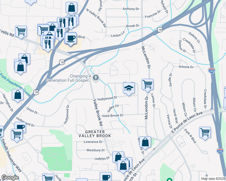 map of restaurants, bars, coffee shops, grocery stores, and more near 2989 Vine Circle in Decatur