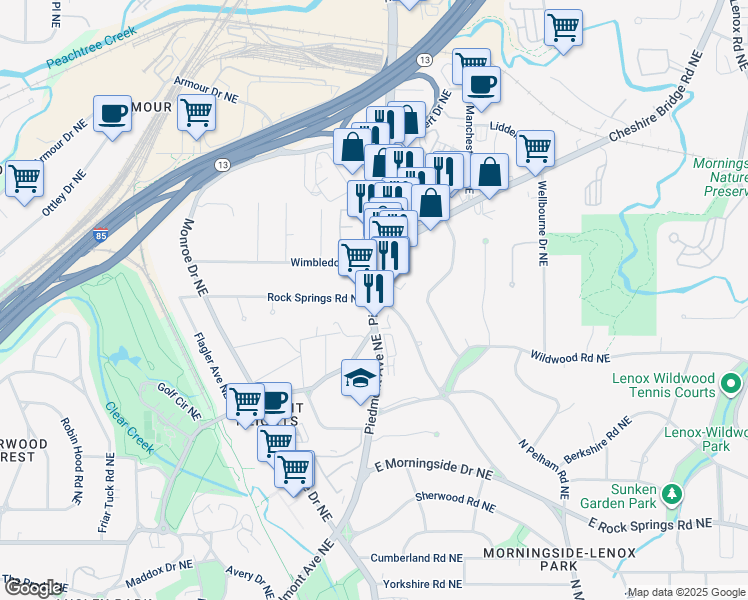 map of restaurants, bars, coffee shops, grocery stores, and more near 1830 Piedmont Avenue Northeast in Atlanta