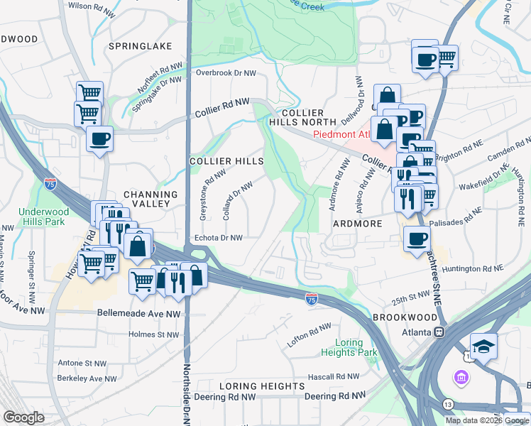 map of restaurants, bars, coffee shops, grocery stores, and more near 1842 Walthall Drive Northwest in Atlanta