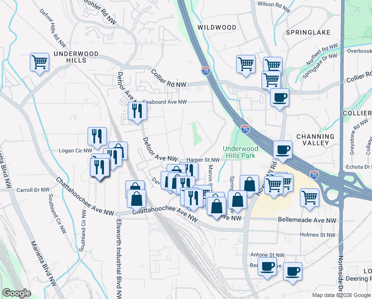 map of restaurants, bars, coffee shops, grocery stores, and more near 1844 Volberg Street Northwest in Atlanta