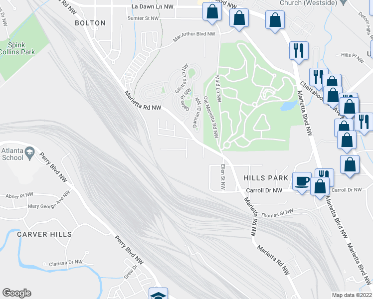 map of restaurants, bars, coffee shops, grocery stores, and more near William Pl NW & Francis Ave NW in Atlanta