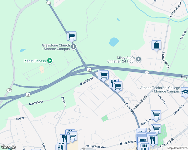 map of restaurants, bars, coffee shops, grocery stores, and more near North Broad Street in Monroe