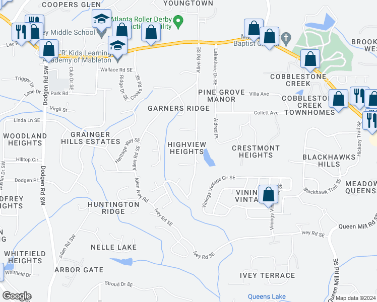 map of restaurants, bars, coffee shops, grocery stores, and more near 292 Tony Trail Southeast in Mableton